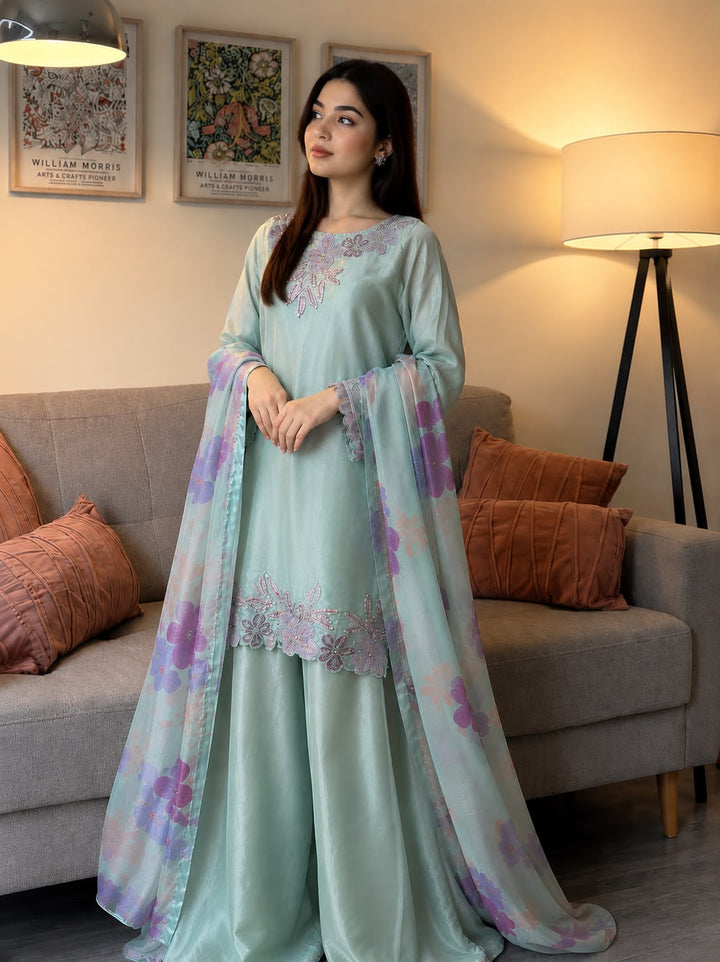 Pastel Blue Embroidered Shisha Silk 3 Piece Suit