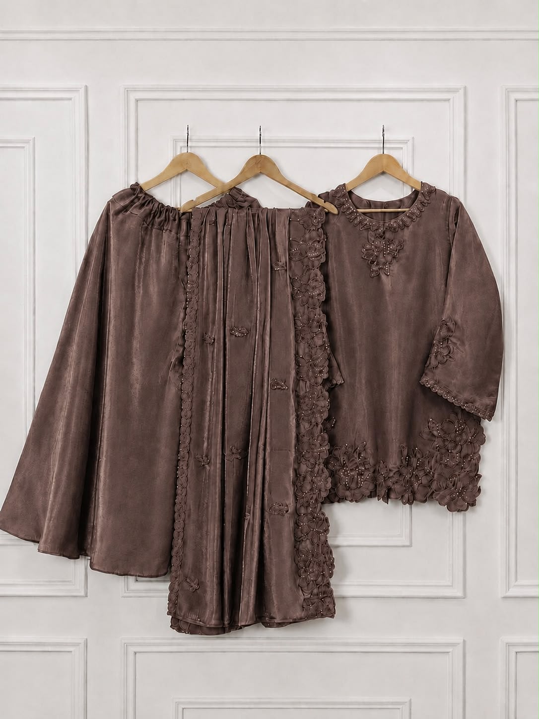 Brown Embroidered Shisha Silk 3-Piece Suit