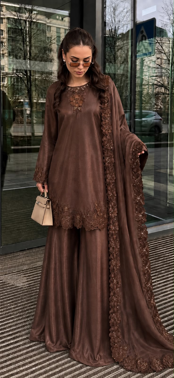 Brown Embroidered Shisha Silk 3-Piece Suit