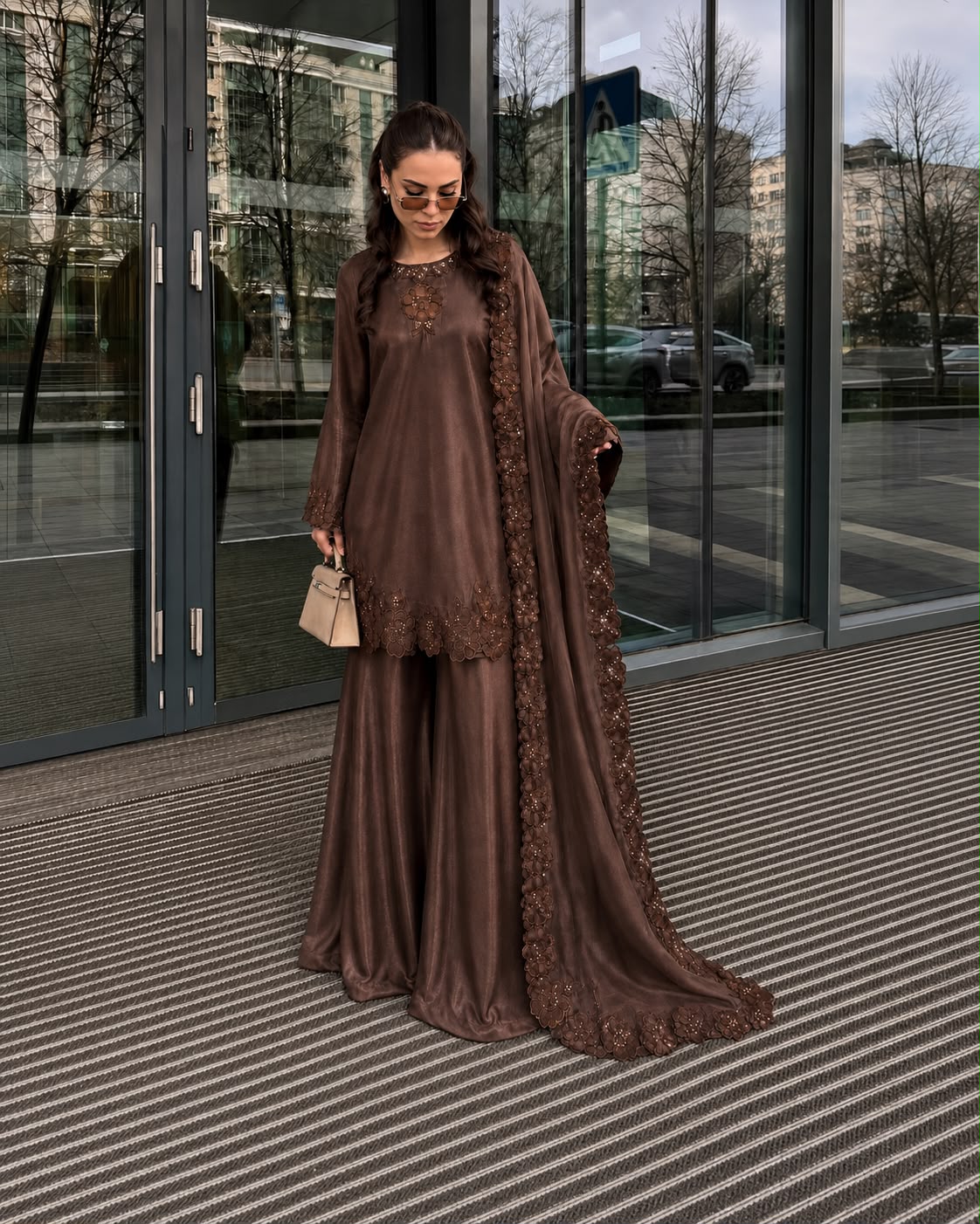 Brown Embroidered Shisha Silk 3-Piece Suit