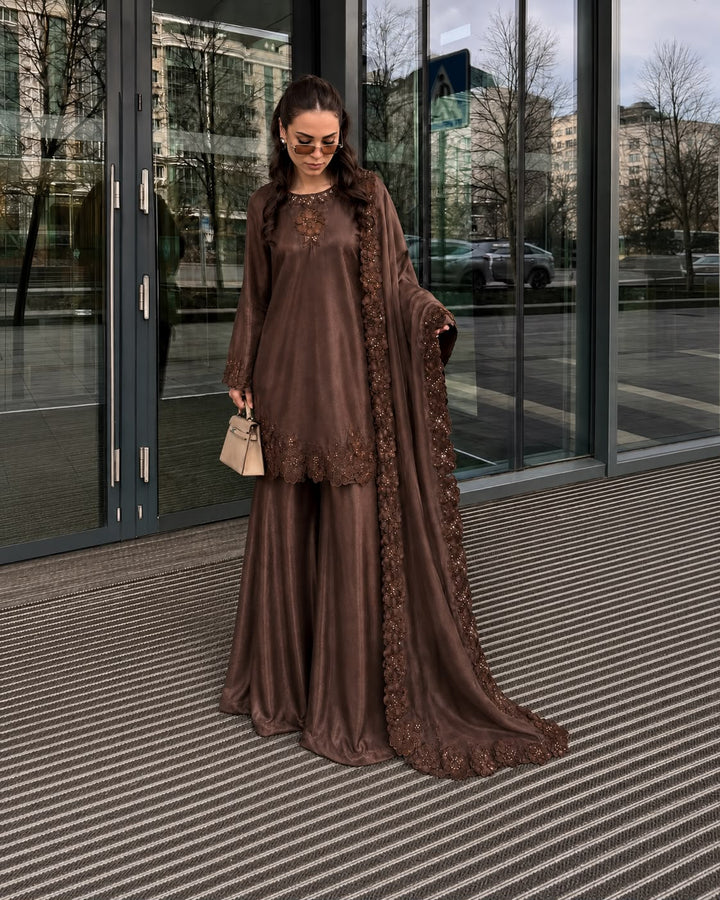 Brown Embroidered Shisha Silk 3-Piece Suit