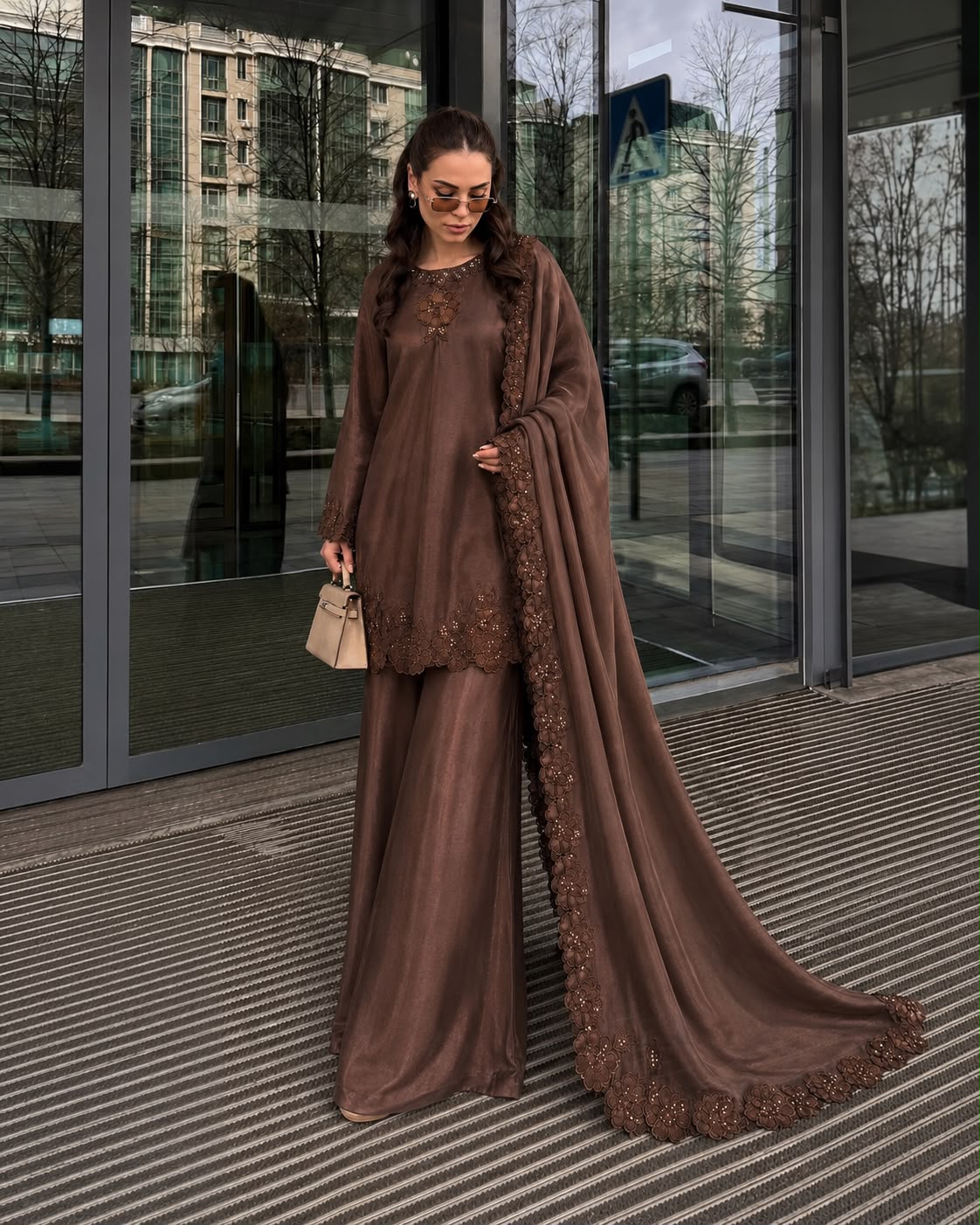 Brown Embroidered Shisha Silk 3-Piece Suit