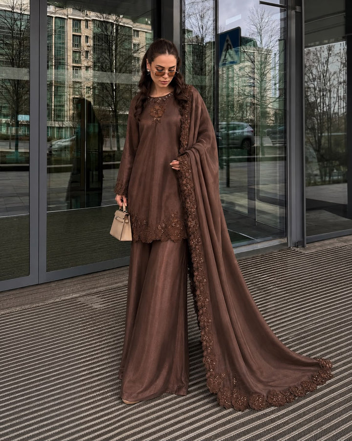 Brown Embroidered Shisha Silk 3-Piece Suit