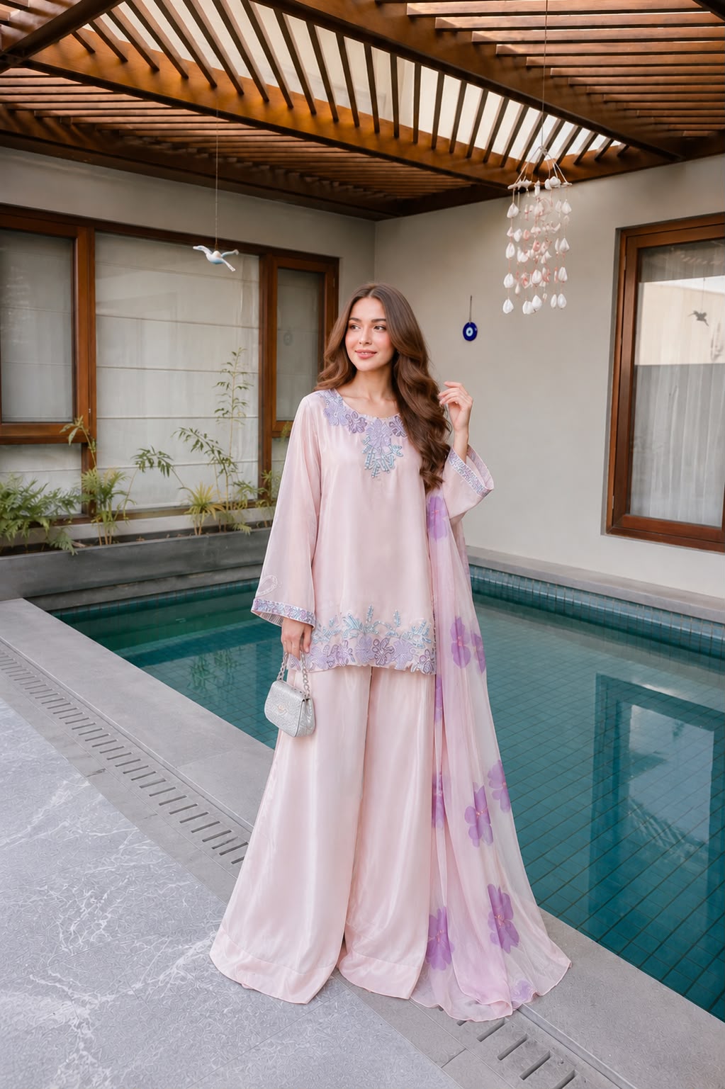Blush Pink Embroidered Shisha Silk 3 Piece Suit