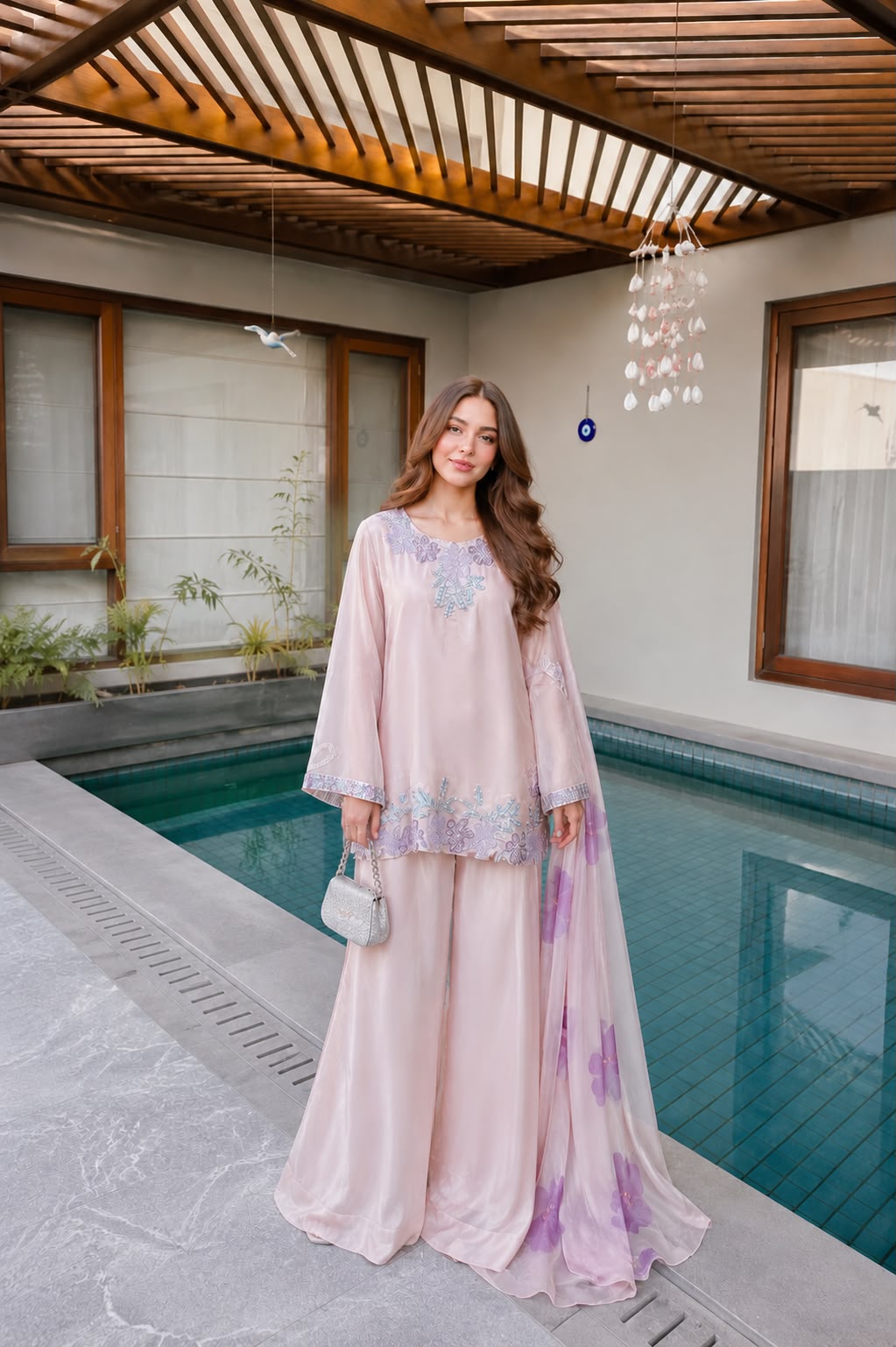 Blush Pink Embroidered Shisha Silk 3 Piece Suit