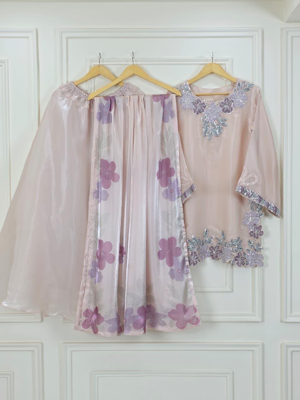 Blush Pink Embroidered Shisha Silk 3 Piece Suit