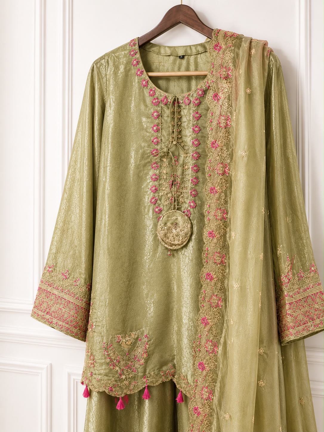 Shisha Silk Embroidered 3-Piece Suit with Flowy Trousers & Dupatta
