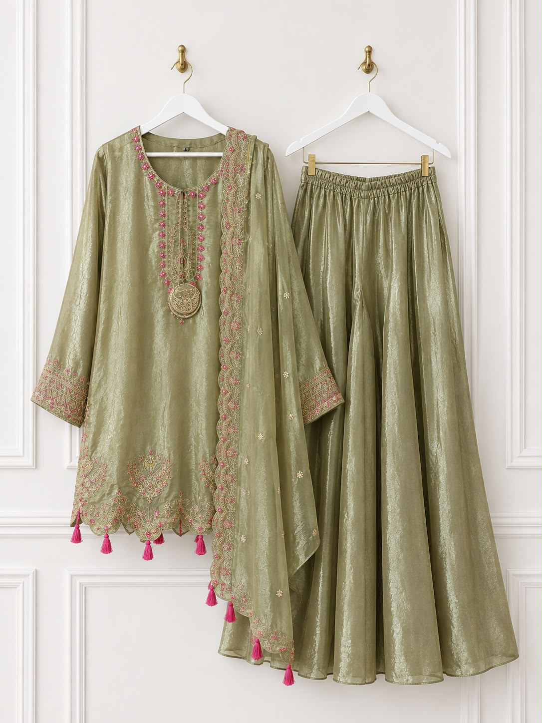 Shisha Silk Embroidered 3-Piece Suit with Flowy Trousers & Dupatta