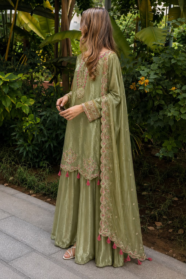 Shisha Silk Embroidered 3-Piece Suit with Flowy Trousers & Dupatta
