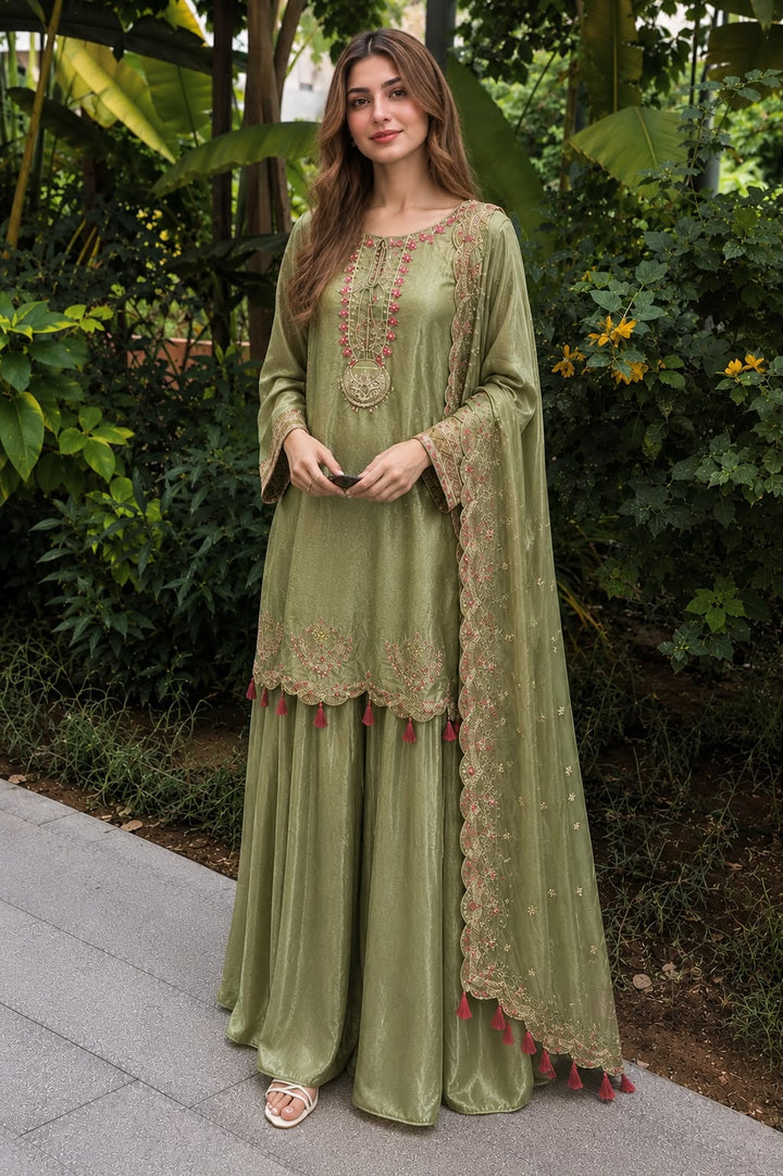 Shisha Silk Embroidered 3-Piece Suit with Flowy Trousers & Dupatta